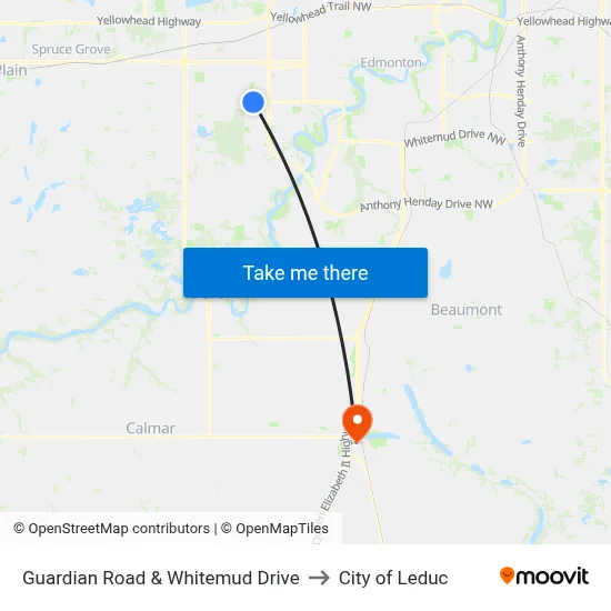 Guardian Road & Whitemud Drive to City of Leduc map
