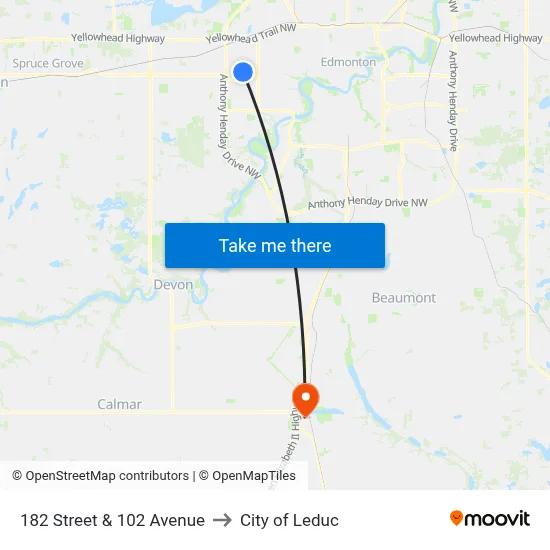 182 Street & 102 Avenue to City of Leduc map