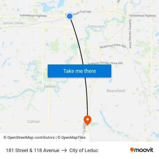 181 Street & 118 Avenue to City of Leduc map