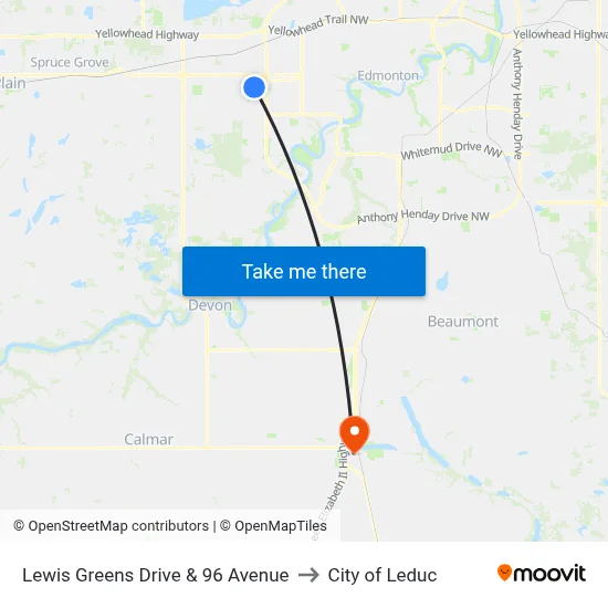 Lewis Greens Drive & 96 Avenue to City of Leduc map