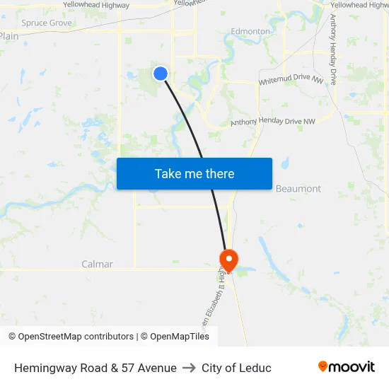 Hemingway Road & 57 Avenue to City of Leduc map