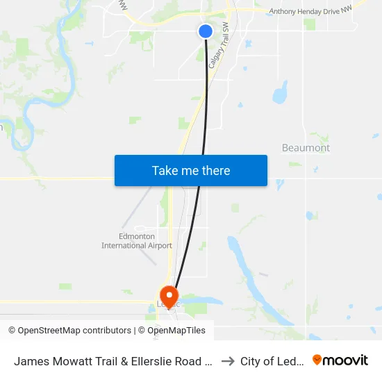 James Mowatt Trail & Ellerslie Road SW to City of Leduc map