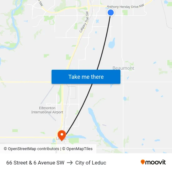 66 Street & 6 Avenue SW to City of Leduc map