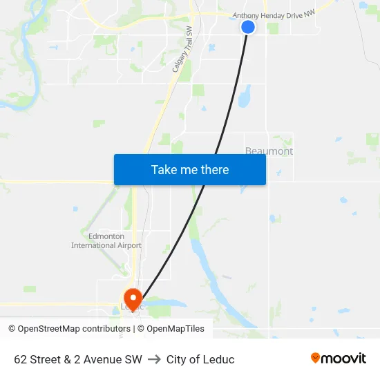 62 Street & 2 Avenue SW to City of Leduc map