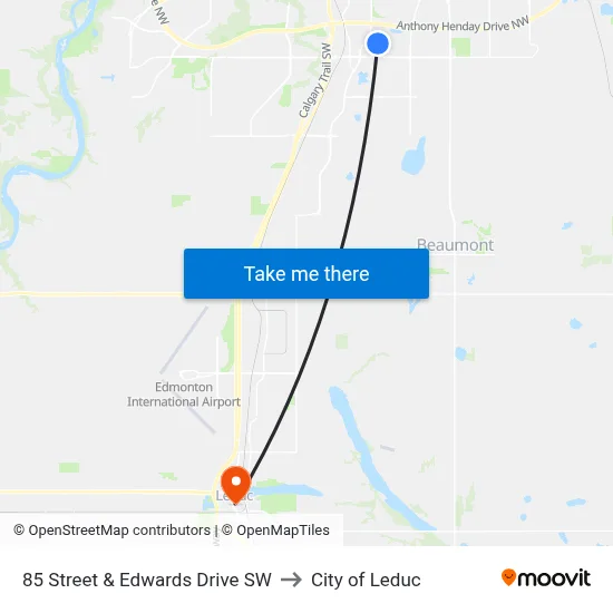 85 Street & Edwards Drive SW to City of Leduc map