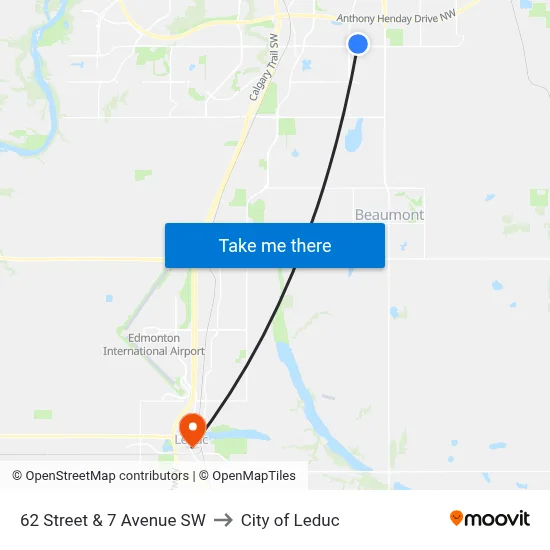 62 Street & 7 Avenue SW to City of Leduc map