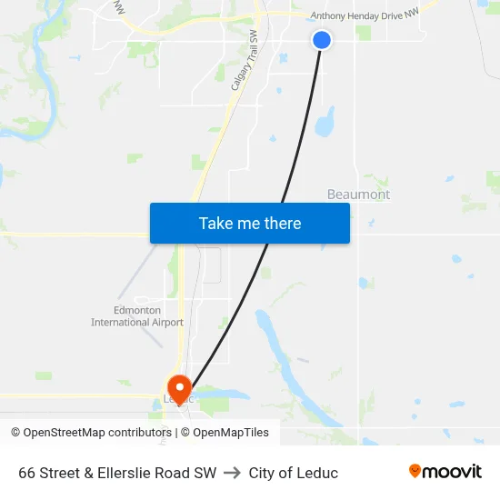 66 Street & Ellerslie Road SW to City of Leduc map