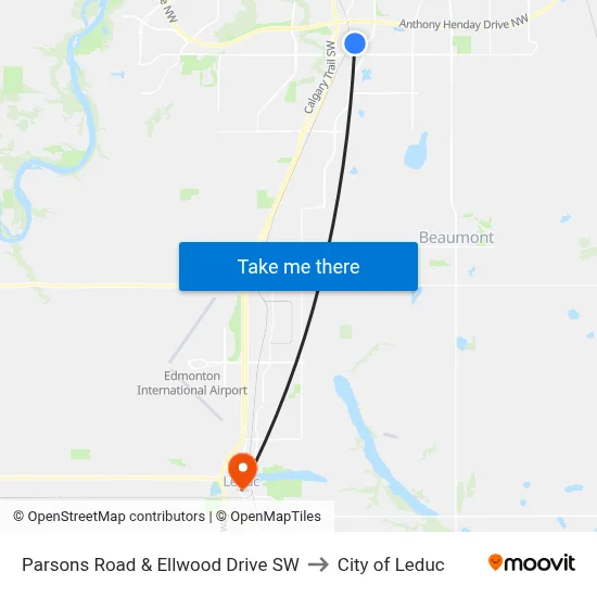 Parsons Road & Ellwood Drive SW to City of Leduc map