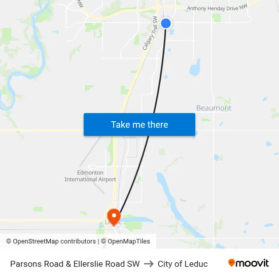 Parsons Road & Ellerslie Road SW to City of Leduc map