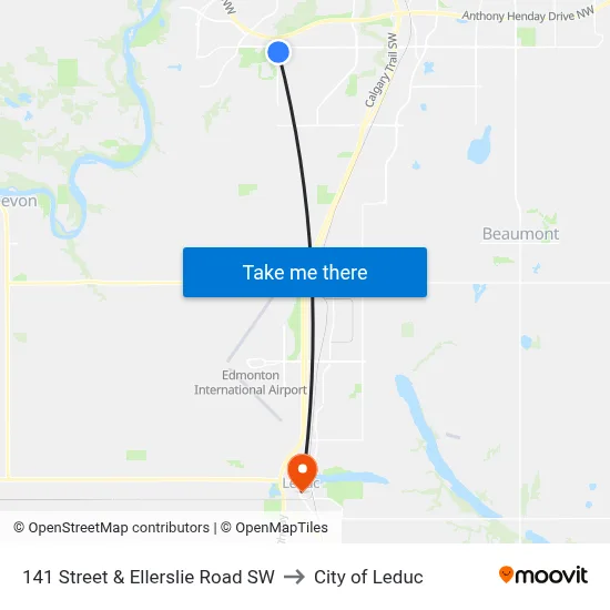 141 Street & Ellerslie Road SW to City of Leduc map