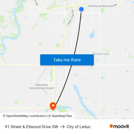 91 Street & Ellwood Drive SW to City of Leduc map