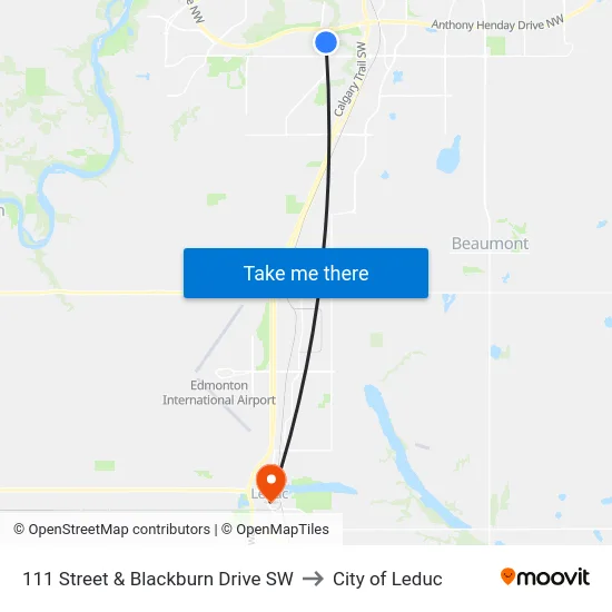 111 Street & Blackburn Drive SW to City of Leduc map