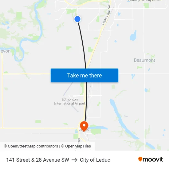 141 Street & 28 Avenue SW to City of Leduc map