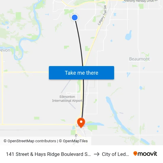 141 Street & Hays Ridge Boulevard SW to City of Leduc map