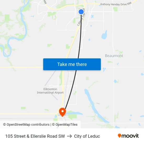 105 Street & Ellerslie Road SW to City of Leduc map