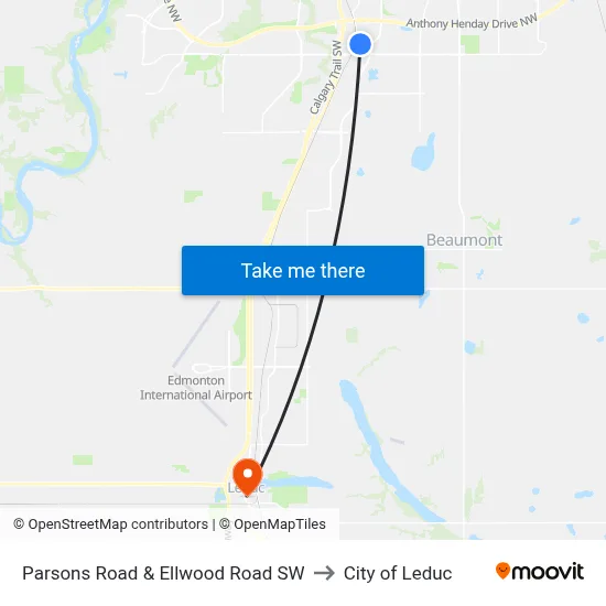 Parsons Road & Ellwood Road SW to City of Leduc map
