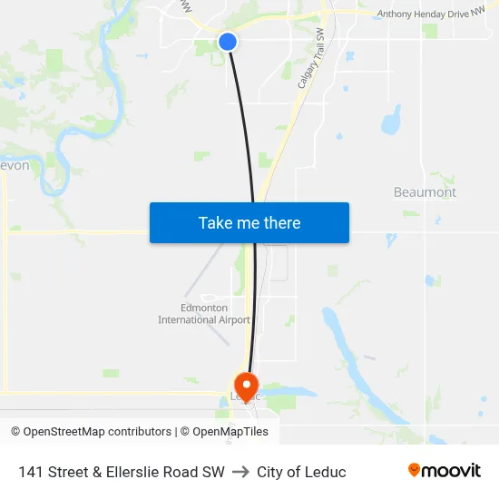 141 Street & Ellerslie Road SW to City of Leduc map