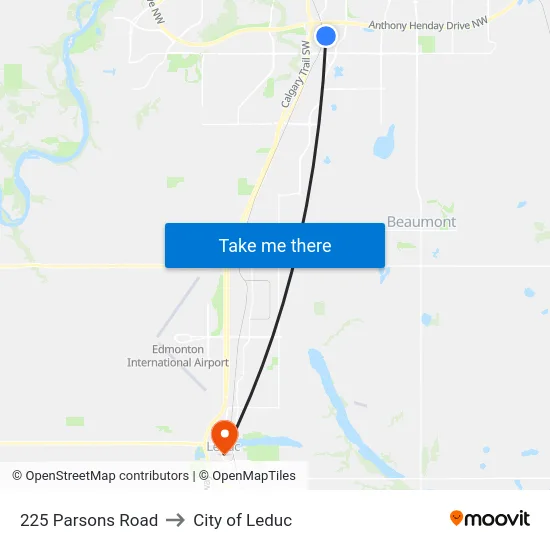 225 Parsons Road to City of Leduc map