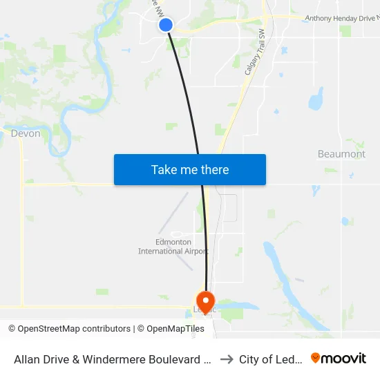 Allan Drive & Windermere Boulevard SW to City of Leduc map