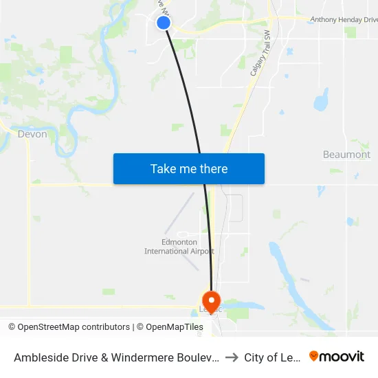 Ambleside Drive & Windermere Boulevard SW to City of Leduc map