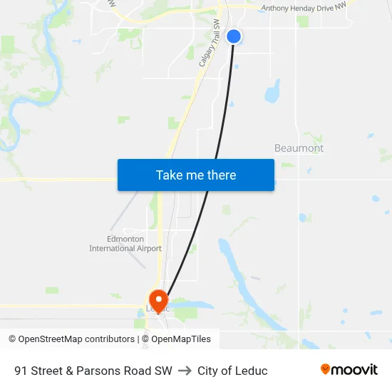 91 Street & Parsons Road SW to City of Leduc map