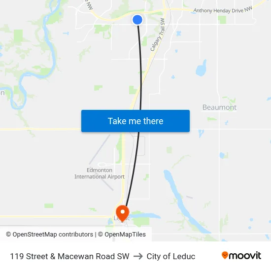 119 Street & Macewan Road SW to City of Leduc map
