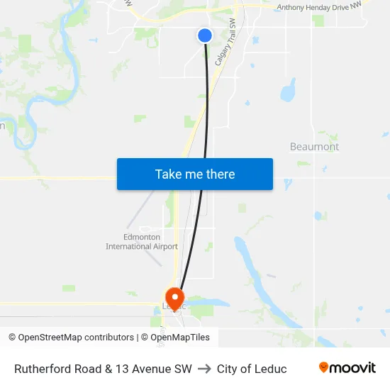 Rutherford Road & 13 Avenue SW to City of Leduc map