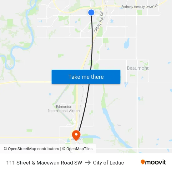 111 Street & Macewan Road SW to City of Leduc map