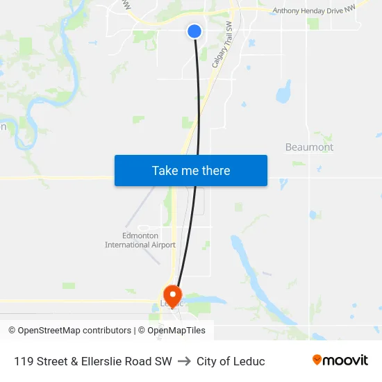119 Street & Ellerslie Road SW to City of Leduc map