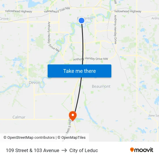 109 Street & 103 Avenue to City of Leduc map