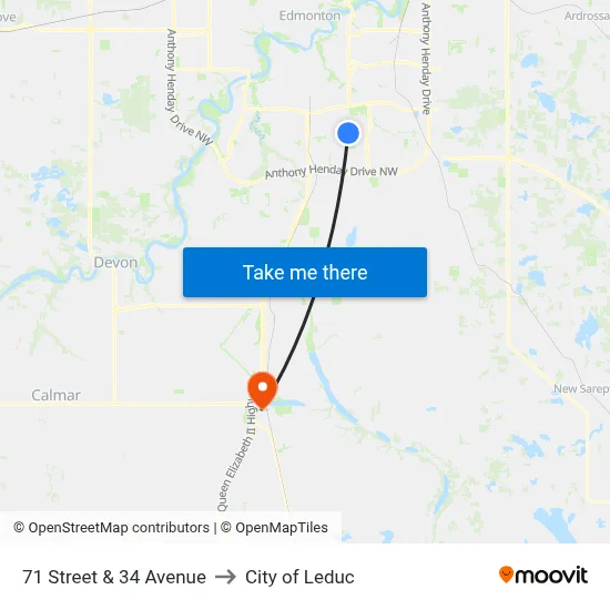 71 Street & 34 Avenue to City of Leduc map