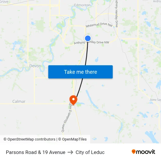 Parsons Road & 19 Avenue to City of Leduc map