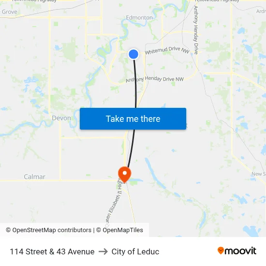 114 Street & 43 Avenue to City of Leduc map