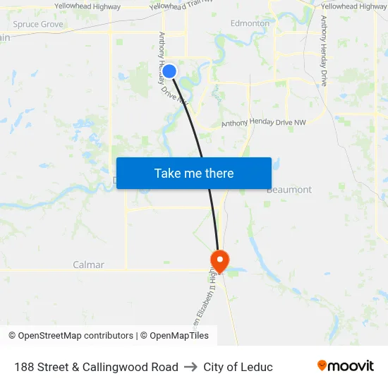 188 Street & Callingwood Road to City of Leduc map