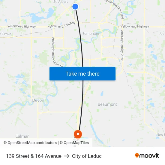 139 Street & 164 Avenue to City of Leduc map
