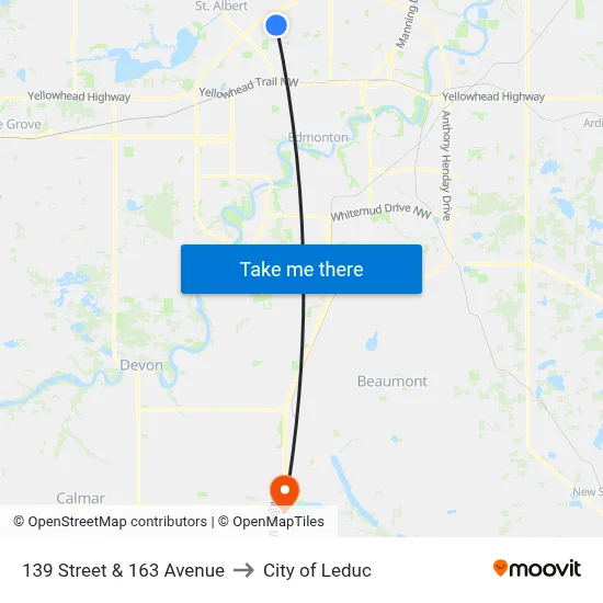 139 Street & 163 Avenue to City of Leduc map