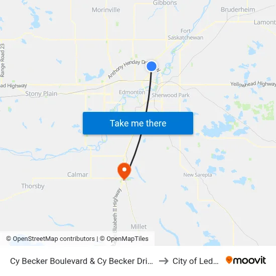 Cy Becker Boulevard & Cy Becker Drive to City of Leduc map