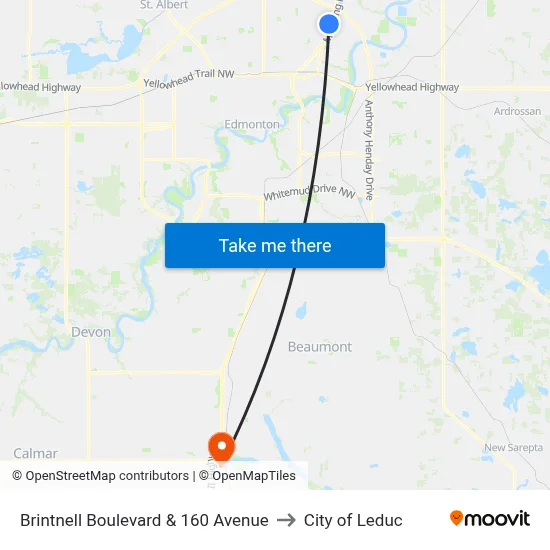 Brintnell Boulevard & 160 Avenue to City of Leduc map