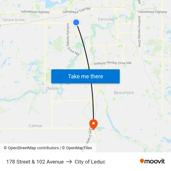 178 Street & 102 Avenue to City of Leduc map
