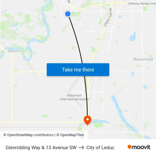 Glenridding Way & 13 Avenue SW to City of Leduc map