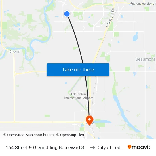 164 Street & Glenridding Boulevard SW to City of Leduc map