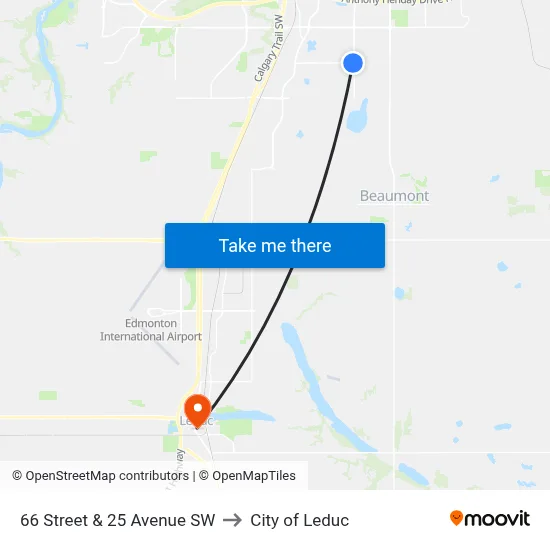 66 Street & 25 Avenue SW to City of Leduc map