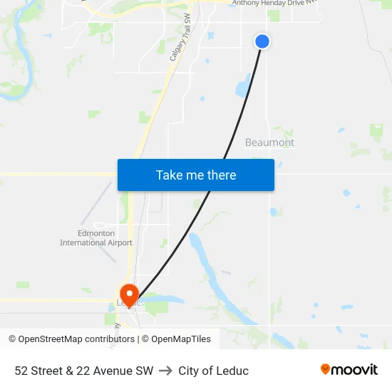52 Street & 22 Avenue SW to City of Leduc map