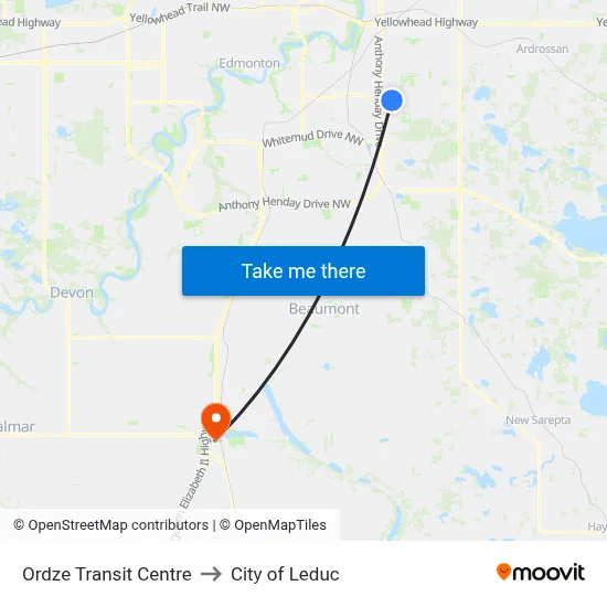Ordze Transit Centre to City of Leduc map