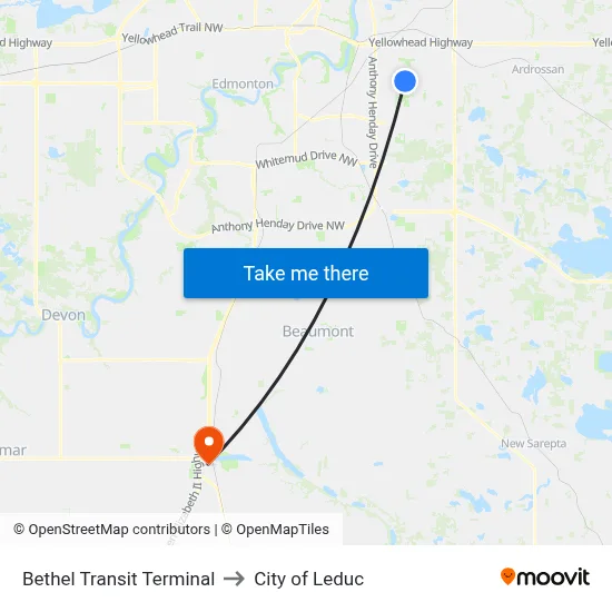 Bethel Transit Terminal to City of Leduc map