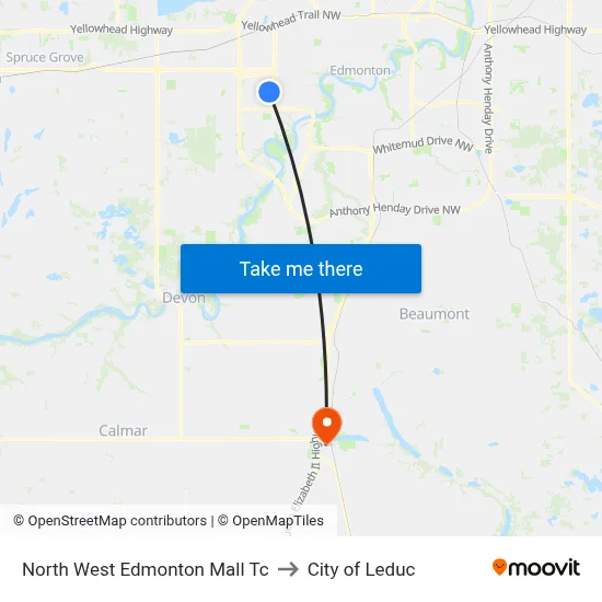 North West Edmonton Mall Tc to City of Leduc map