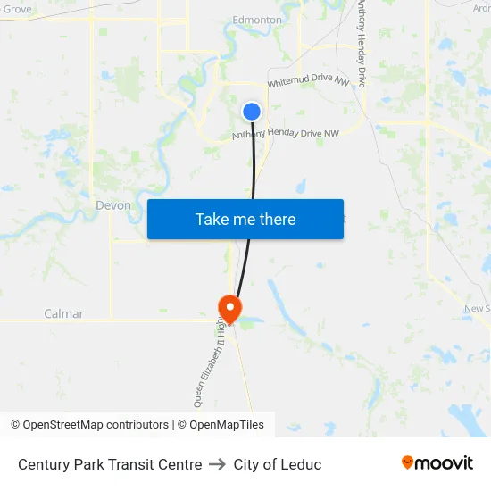 Century Park Transit Centre to City of Leduc map