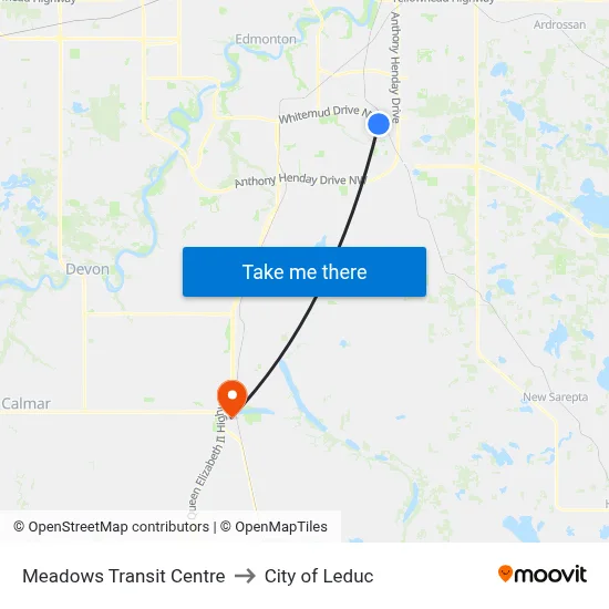 Meadows Transit Centre to City of Leduc map