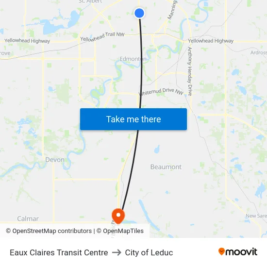 Eaux Claires Transit Centre to City of Leduc map