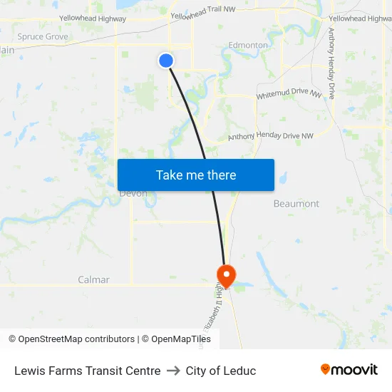 Lewis Farms Transit Centre to City of Leduc map
